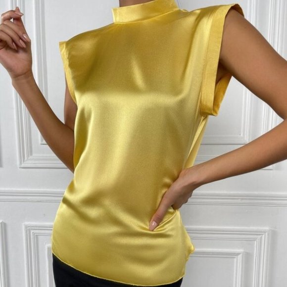 Yellow Chic Draped Back Button Detail Satin Top mi - Picture 5 of 6